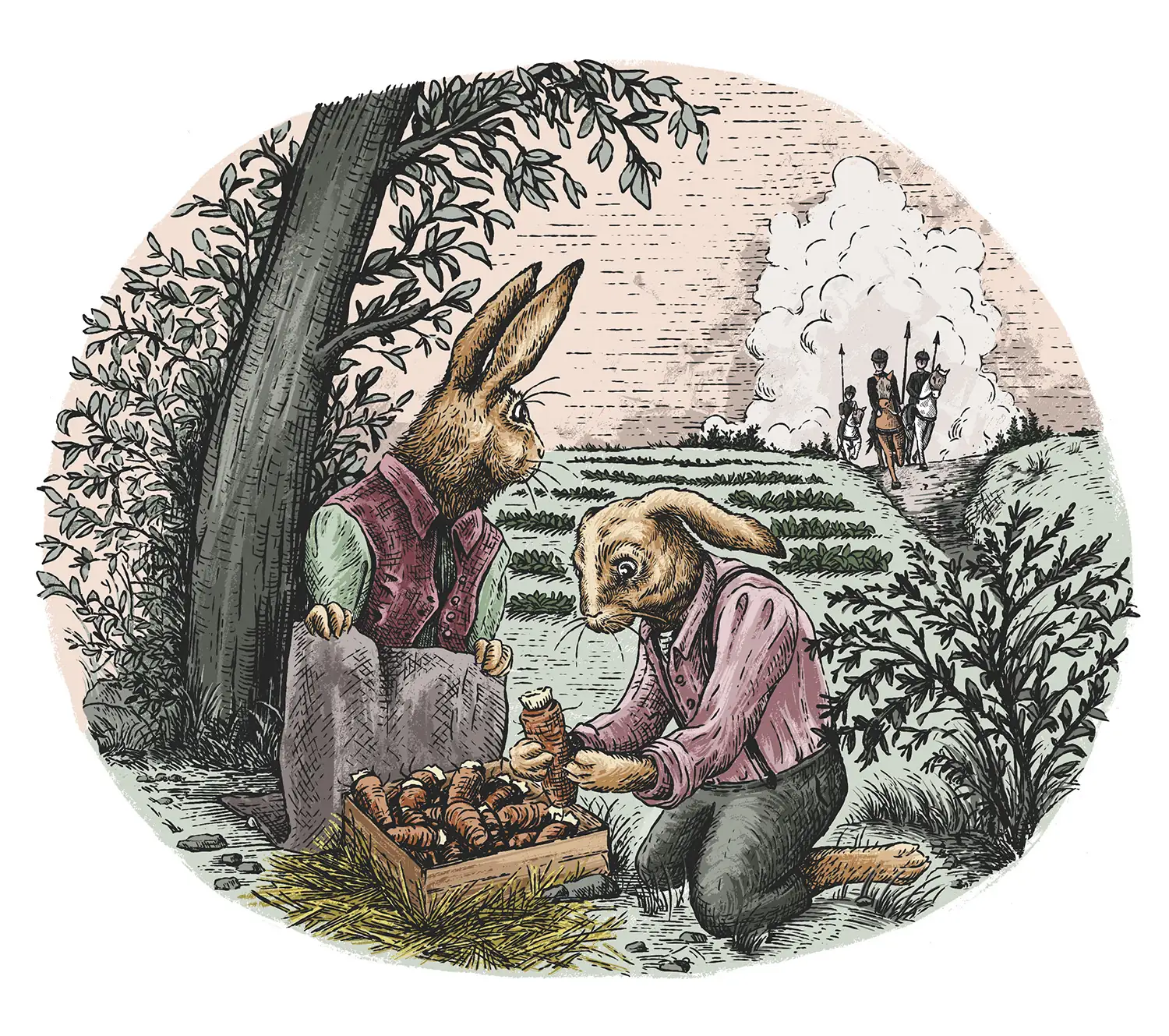 Ilustracija v slogu starih pravljic, črno-bela črta, barvna: dva zajca s pokončno hojo in zgodovinskimi oblačili skrivata korenine cikorije pred bližajočimi se okupatorji. Družina zajcev za mizo na prostem uživa v obroku iz cikorije.