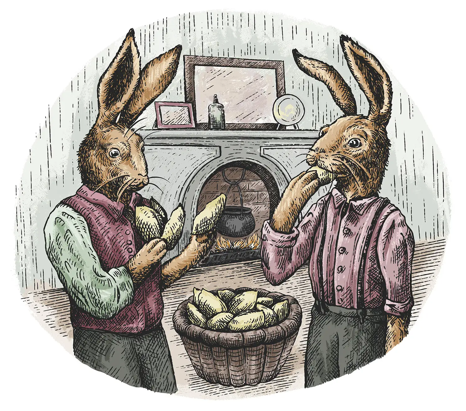 Ilustracija v slogu starih pravljic, črno-bela črta, barvna: Zajca uživata v nežnih listih cikorije. V ozadju je videti ognjišče s kotlom nad ognjem.