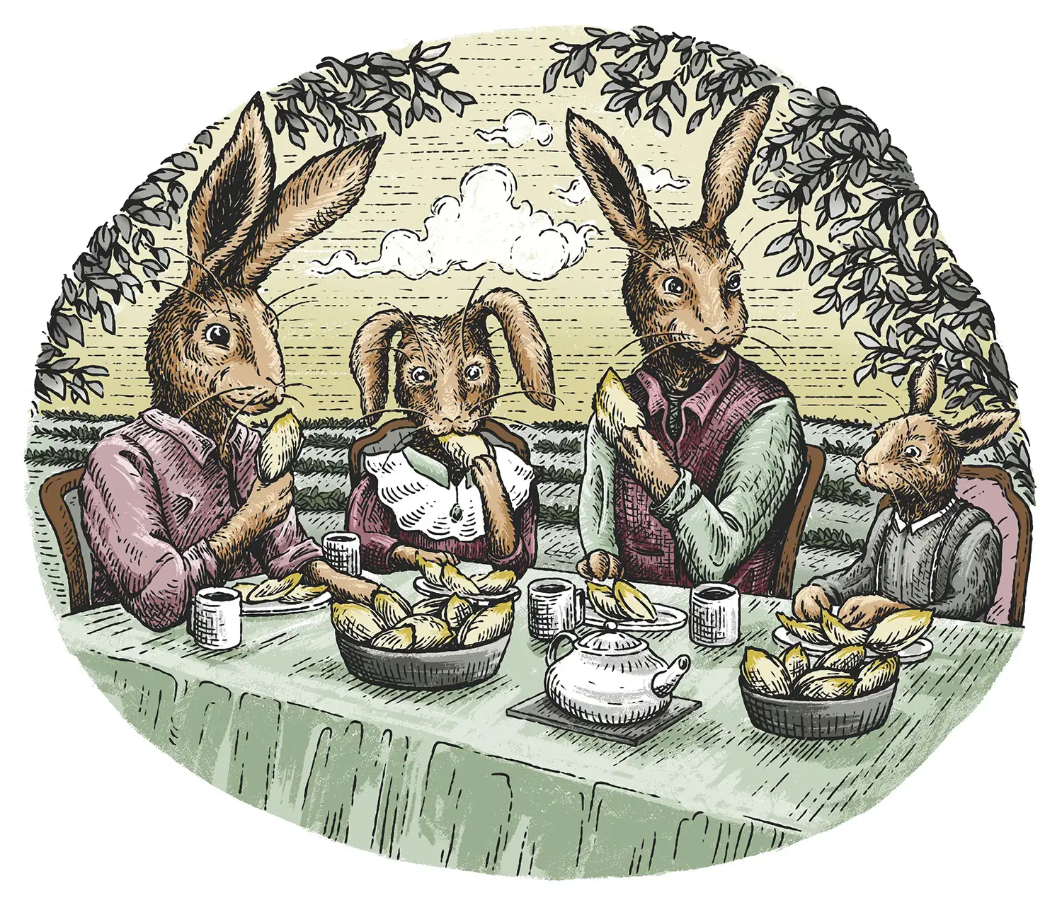 Ilustracija v slogu starih pravljic, črno-bela črta, barvna: Po izkopavanju zajca odkrijeta, da so korenine cikorije pognale nežne, svetlo zelene poganjke.